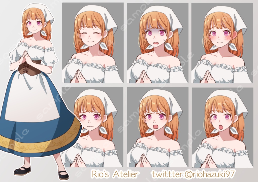 立ち絵素材_50(ファンタジー町娘全身、表情7種)