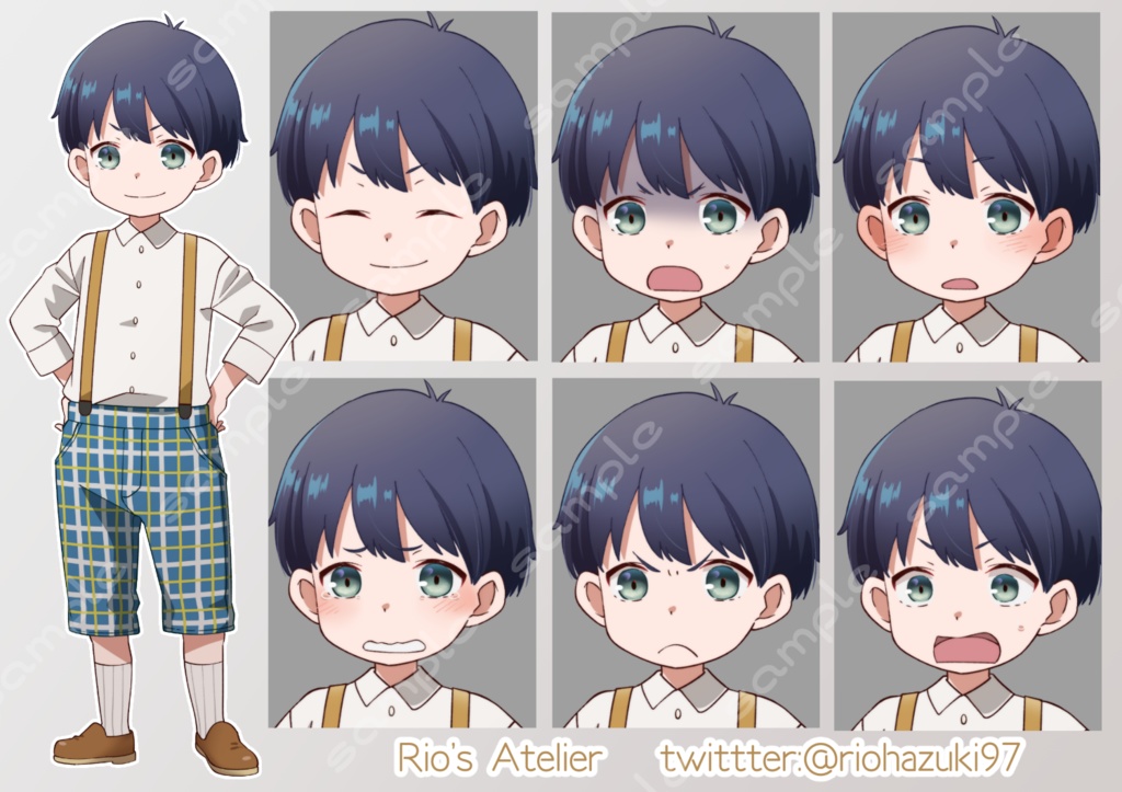 立ち絵素材_51(ハーフパンツ少年全身、表情7種)