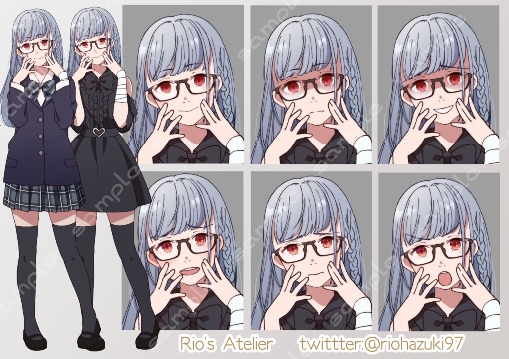 立ち絵素材_54(ヤンデレ女子全身、表情7種、眼鏡ありなし、普段着、制服差分あり)