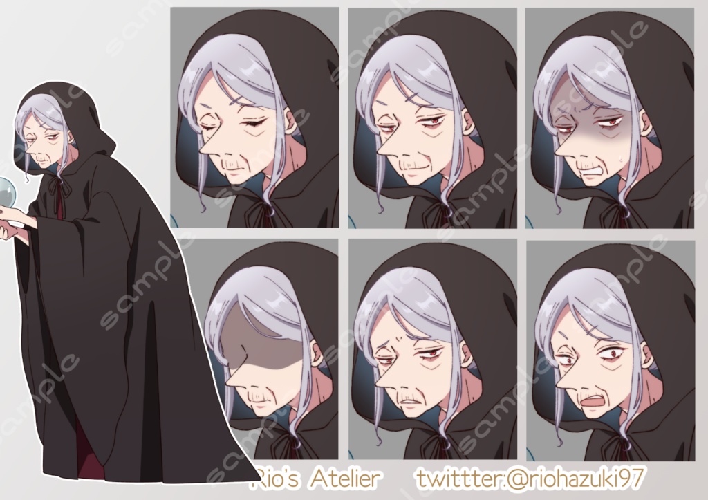 立ち絵素材_59(占い師風おばあさん全身、表情7種)