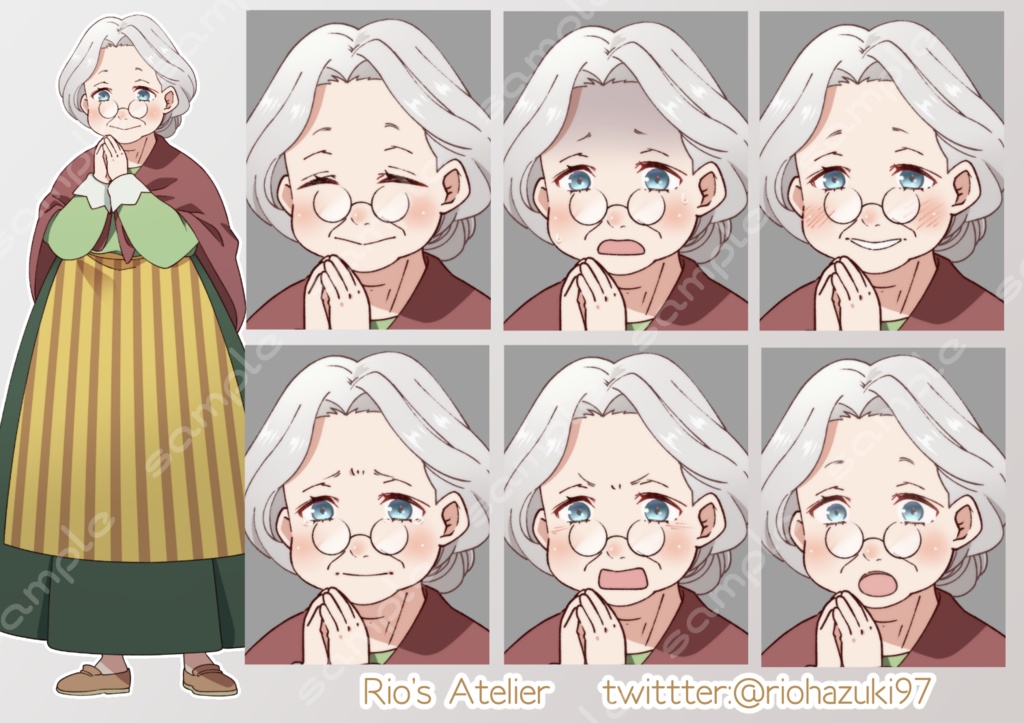 立ち絵素材_60(ふくよかなおばあさん全身、表情7種、洋服、割烹着差分あり)