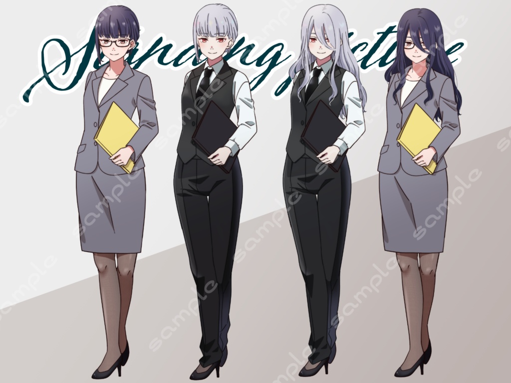 【無料素材】立ち絵素材_67(スーツ女子全身、表情各18種、スーツ2種、髪型、瞳色差分あり)