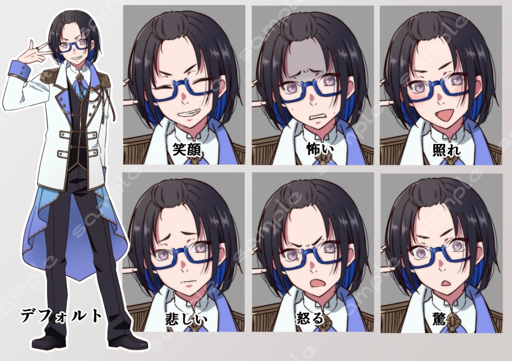 立ち絵素材_78(チャラ眼鏡男子全身、衣装差分2種、表情各7種)