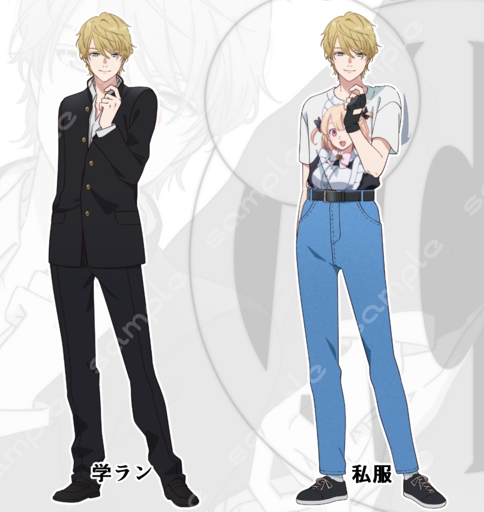 立ち絵素材_184(イケメン金髪オタク系男子高生全身、表情各7種、衣装2種、おまけPNG素材あり)