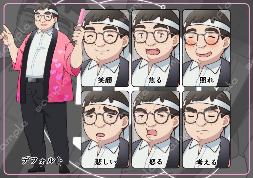 立ち絵素材_192(オタク系ぽっちゃり男子全身【法被姿】、表情7種、おまけPNG素材あり)