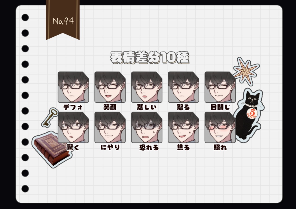 【手描き】立ち絵素材_94(白衣男性全身ダークアカデミアver、表情10種、おまけPNG素材あり)