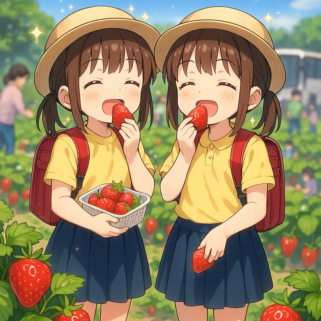 双子、いちご狩りイラスト