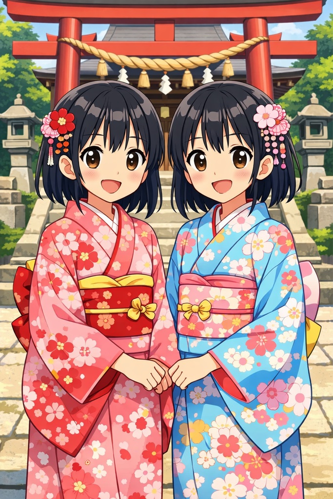 初詣双子イラスト