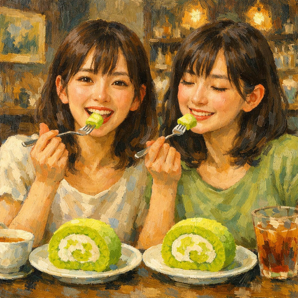 双子がロールケーキを食べるイラスト
