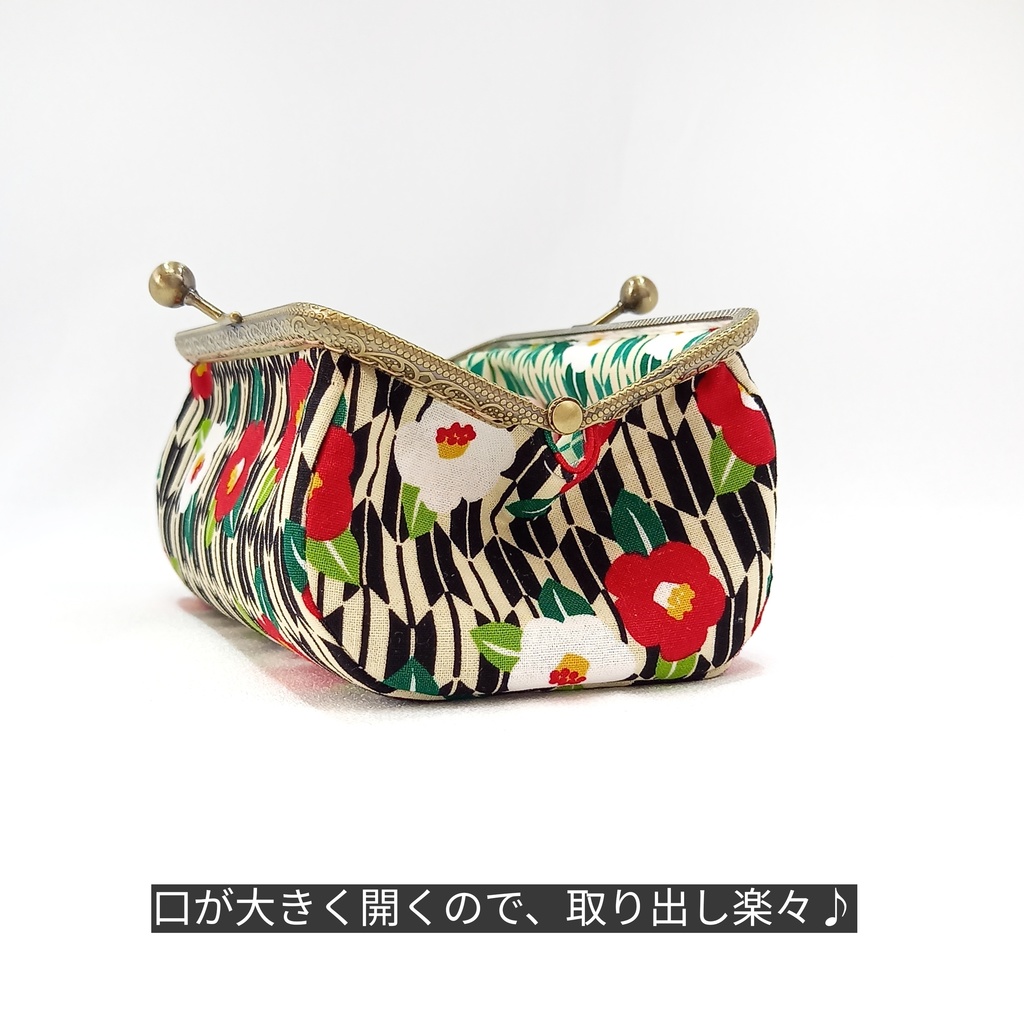 ぷっくりコロン♪和柄「矢絣と椿」15cm口金 がま口 取り出し楽々 ポーチ