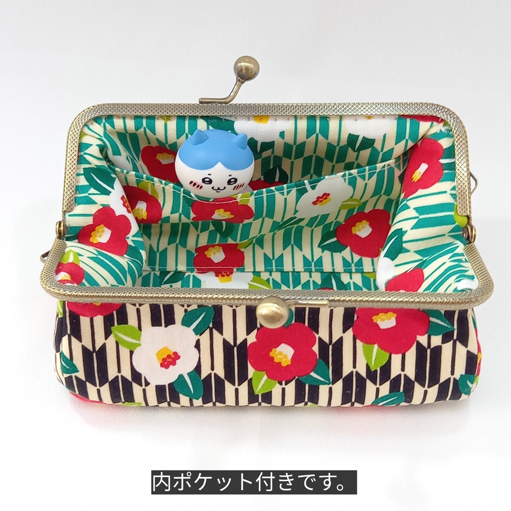 ぷっくりコロン♪和柄「矢絣と椿」15cm口金 がま口 取り出し楽々 ポーチ