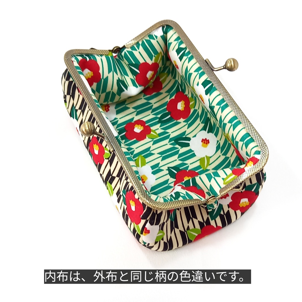 ぷっくりコロン♪和柄「矢絣と椿」15cm口金 がま口 取り出し楽々 ポーチ