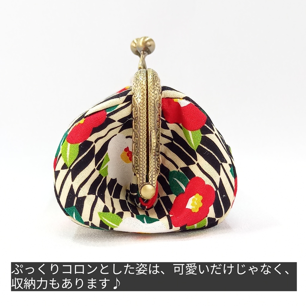 ぷっくりコロン♪和柄「矢絣と椿」15cm口金 がま口 取り出し楽々 ポーチ