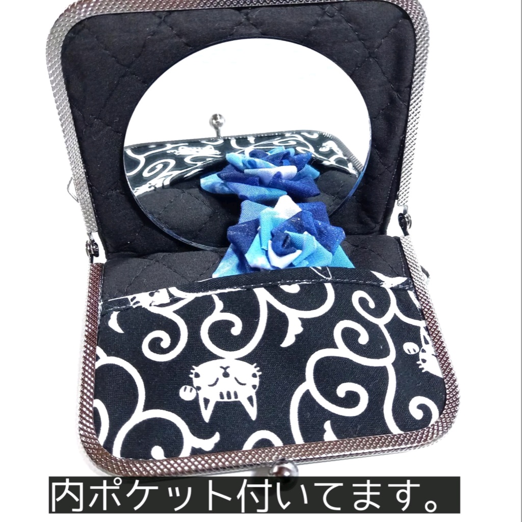 がまミラー☆和柄 唐草とねこ がま口手鏡(コンパクトミラー)