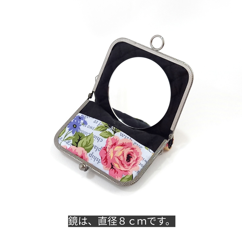 がまミラー☆薔薇と英字ロゴ がま口手鏡(コンパクトミラー)