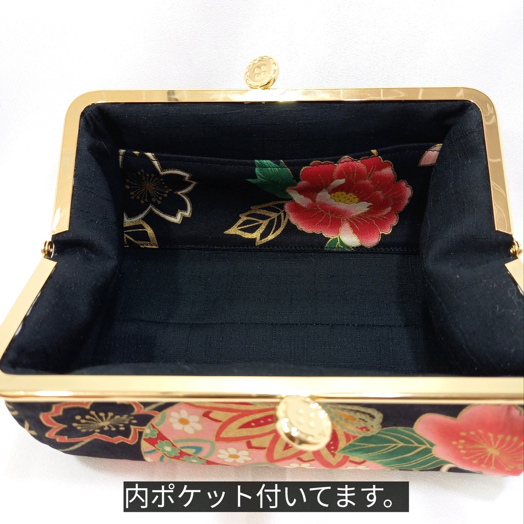 ぷっくりコロン♪和柄「鞠と牡丹と梅紋様」 がま口 取り出し楽々 ポーチ