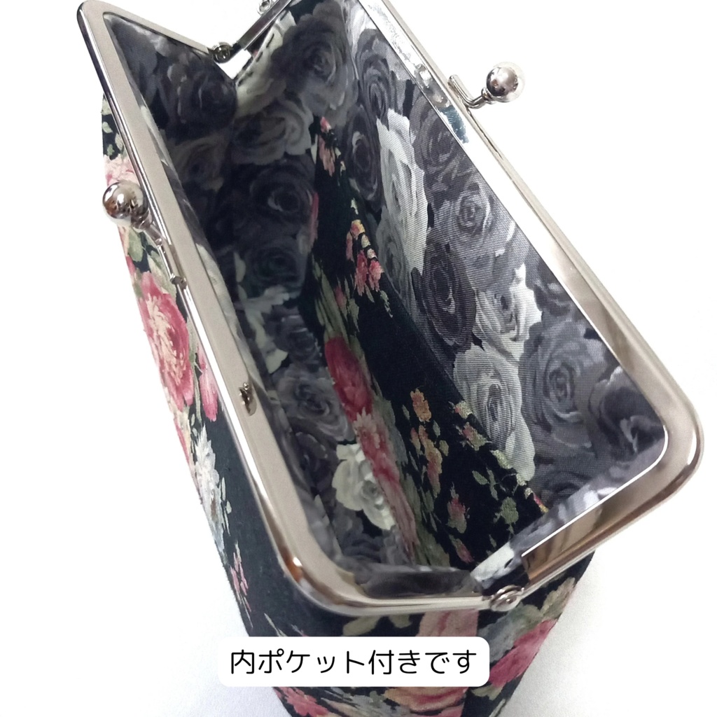 16.5cm口金 がま口ポーチ レトロ調 大人可愛いローズ柄