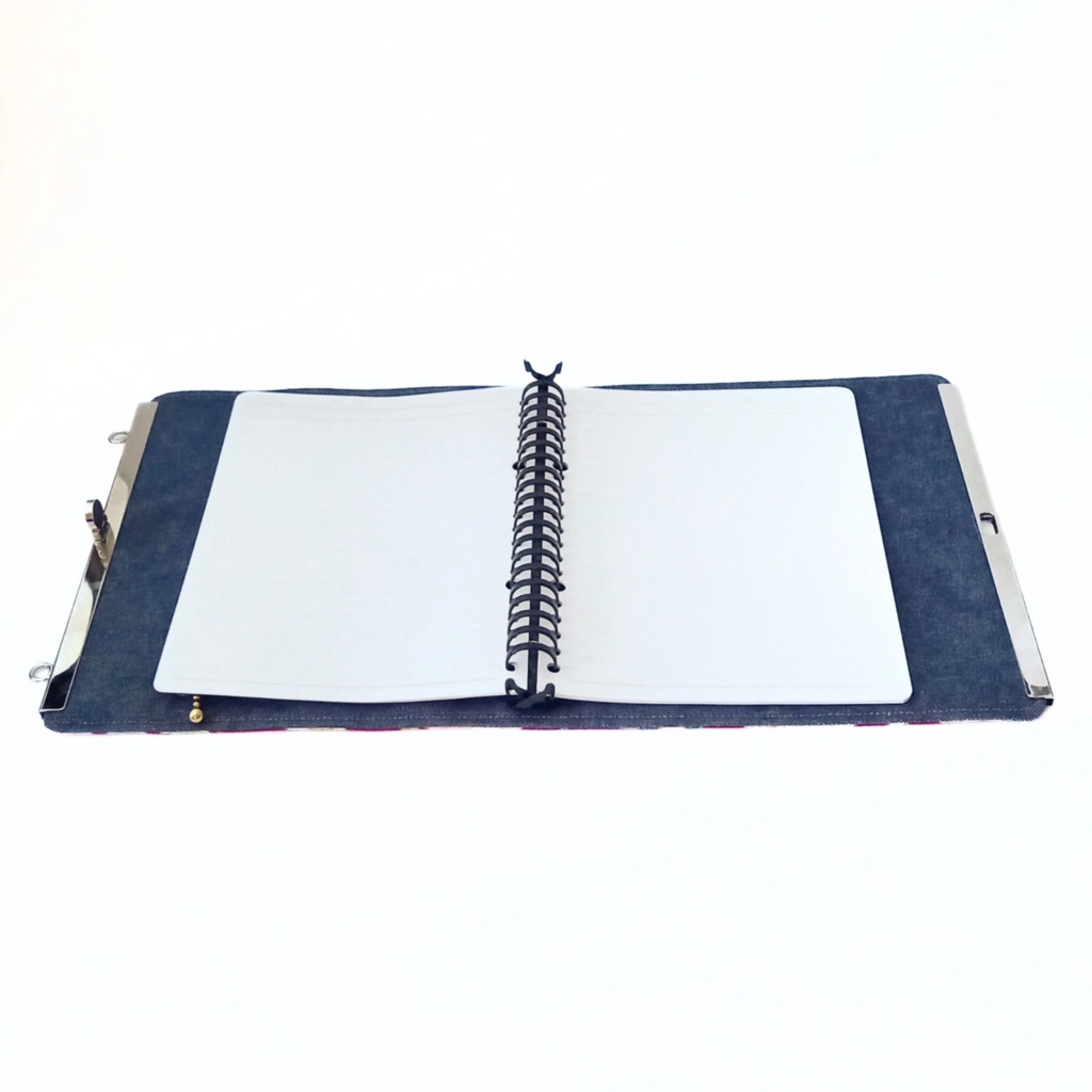 文鎮がま口 A5用リフィルケース(バインダー金具選べます♪)百花繚欄 白猫と扇子と花文様