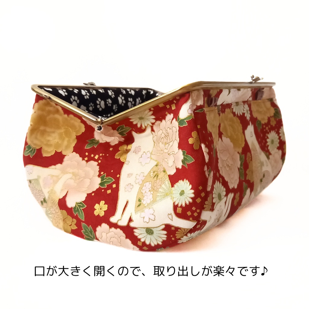 ぷっくりコロン♪取り出し楽々がまバッグ 百花繚蘭 白猫と花模様