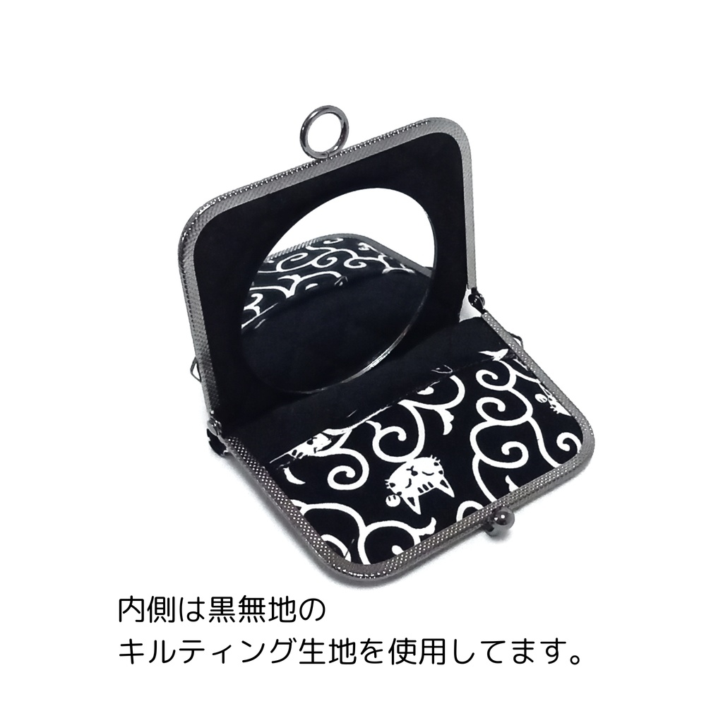 がまミラー☆和モダン 唐草紋様と猫 のがま口手鏡(コンパクトミラー)