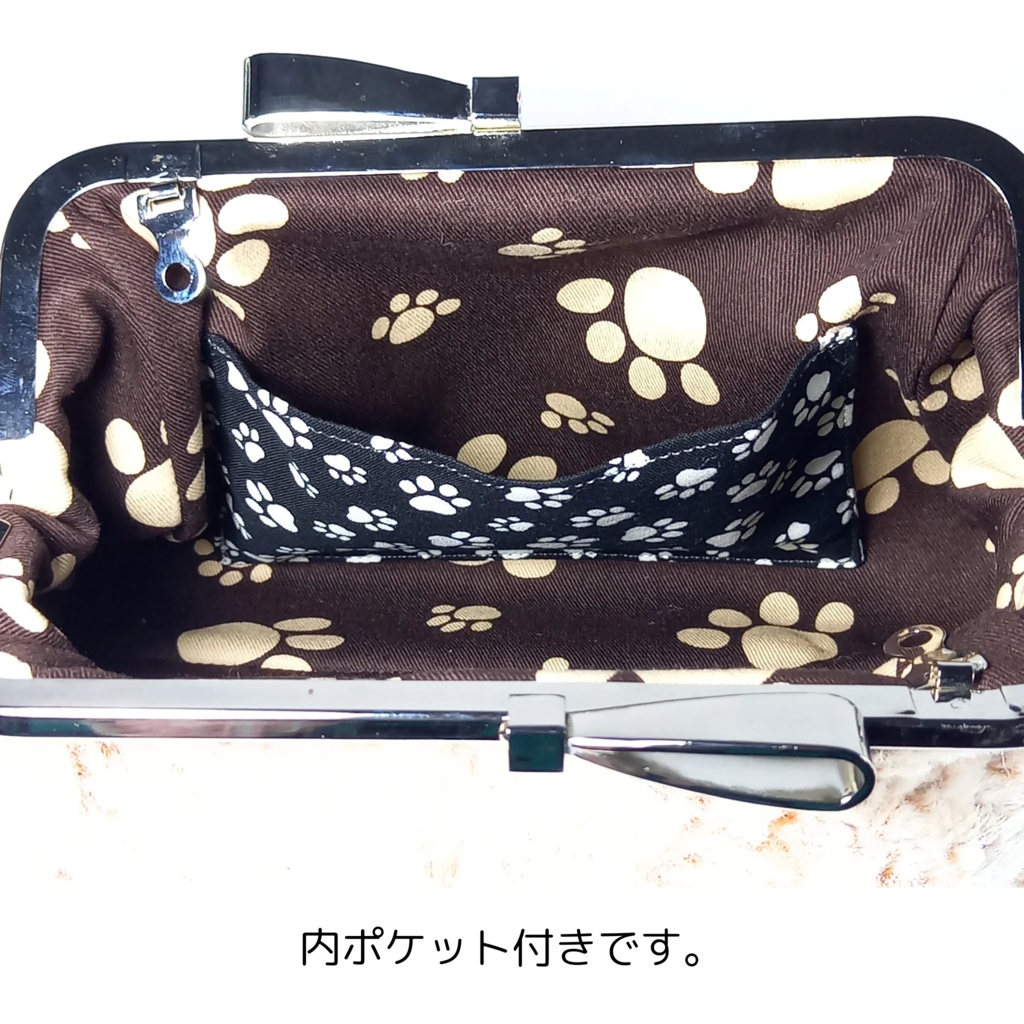 【冬の主役】大きなリボン口金*もふもふファーのがま口ショルダーバッグ(茶白ミックス)18cm|持ち手付き・ポーチにもなる2WAY収納式カン仕様|スマホ・二つ折り財布が入るサイズ むにがま 6210gama