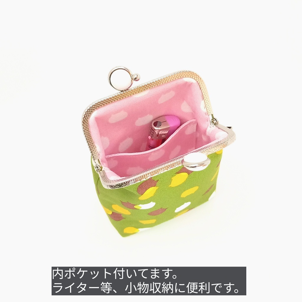 【ロングサイズ】選べる留め具♪ねこたま(宇治金時)がま口ポーチ|和風スイーツな配色|ロングタバコ・充電器・大きめケアポーチ|内側はチェリー猫柄|カン付|猫好きギフト|むにがま