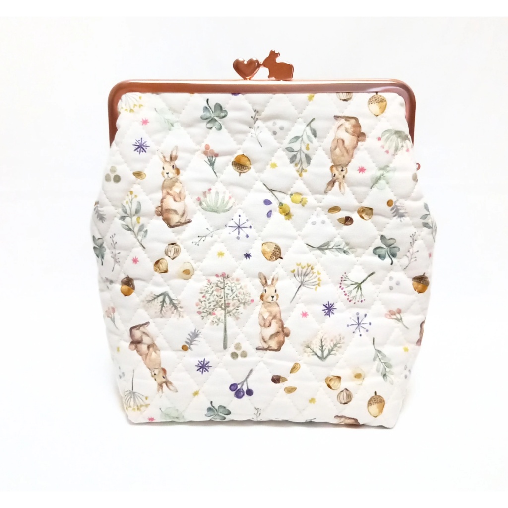霧の森 うさぎと過ごす【外せる外ポケット がま口バッグ 18cm口金】 2way ショルダーバッグ 北欧風 大人可愛い 贈り物 自分へのご褒美 ピンクゴールド