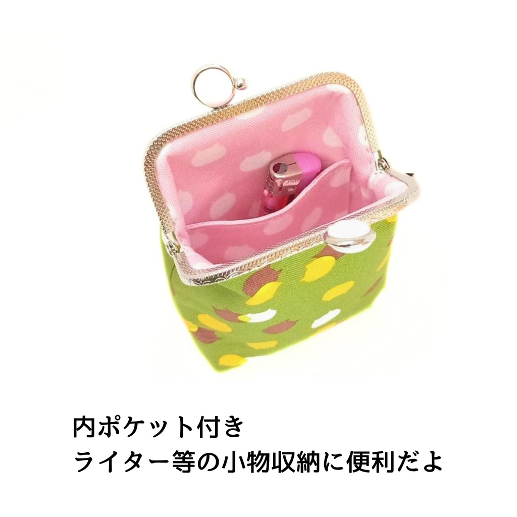 選べる留め具♪【がま口シガレットケース(ロング)】ねこたま(宇治金時)がま口ポーチ|和風スイーツな配色|ロングタバコ・充電器・大きめケアポーチ|内側はチェリー猫柄|カン付|猫好きギフト|むにがま