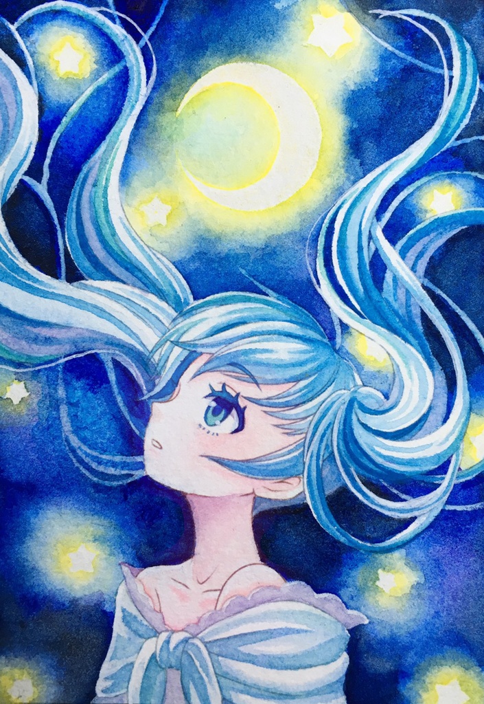 原画「月に訊く」透明水彩画