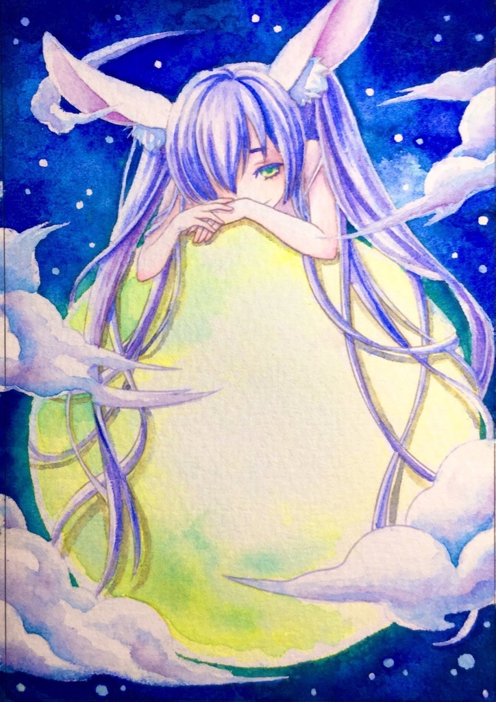 原画「満月おんぶ」透明水彩画