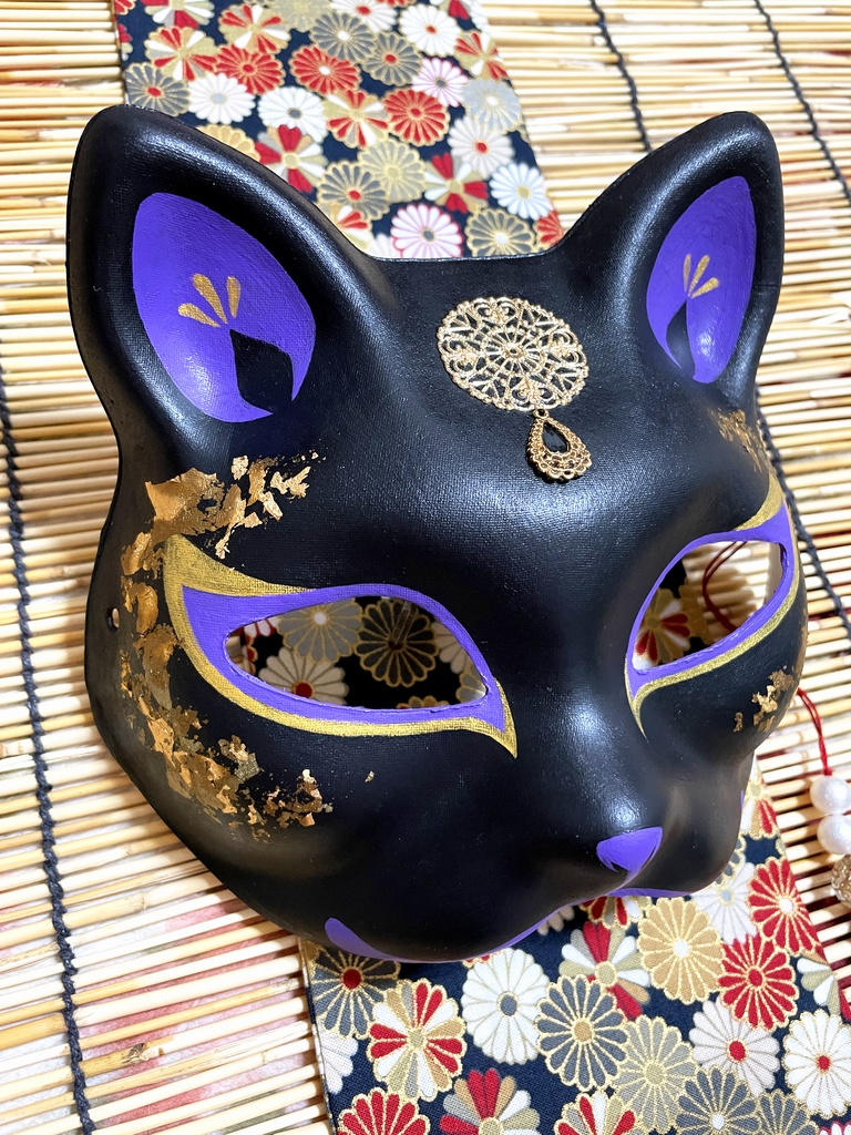 にゃんこ面(黒紫・箔)