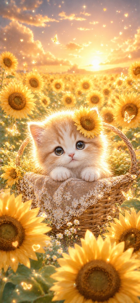 向日葵と子猫【待ち受け画像】