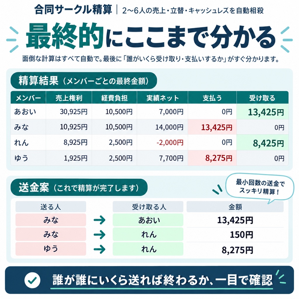 合同サークル精算|2〜6人の売上・立替・キャッシュレスを自動相殺