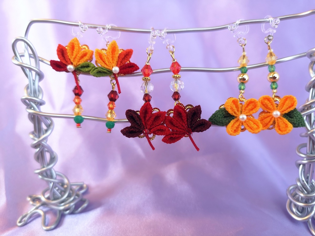 つまみ細工ピアス・ノンホールピアス(紅葉・金木犀)