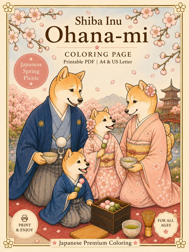 01親子でお花見｜和風柴犬 大人の塗り絵 PDF｜A4・US Letter