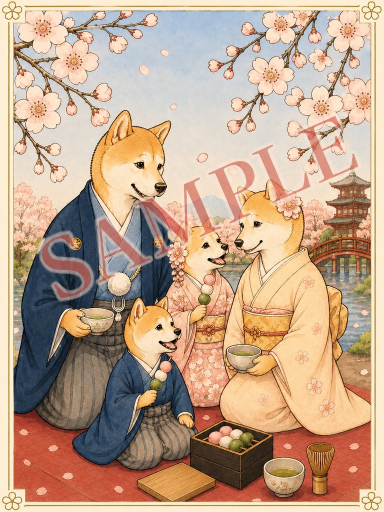 01親子でお花見|和風柴犬 大人の塗り絵 PDF|A4・US Letter