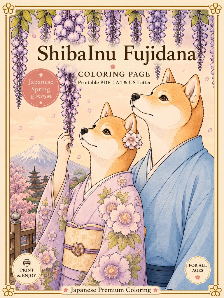 02藤棚の二人｜和風柴犬 大人の塗り絵 PDF｜A4・US Letter