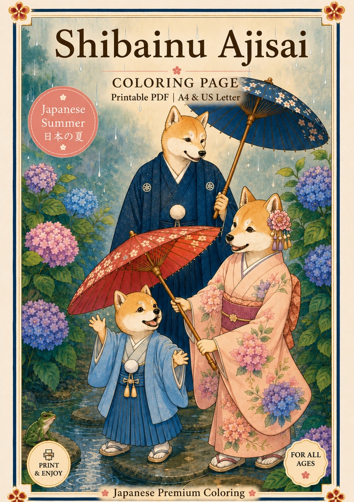 03紫陽花と家族｜和風柴犬 大人の塗り絵 PDF｜A4・US Letter