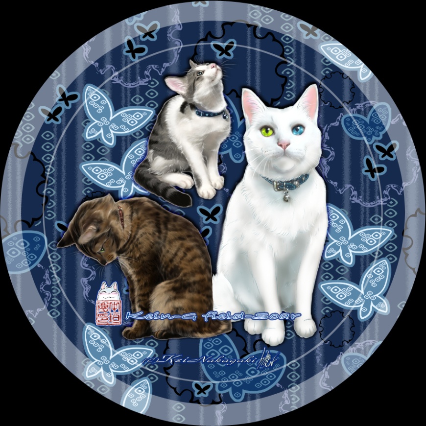 マスキングテープ20mm-暗青ステンドグラスと白猫/藍色蝶と猫たち