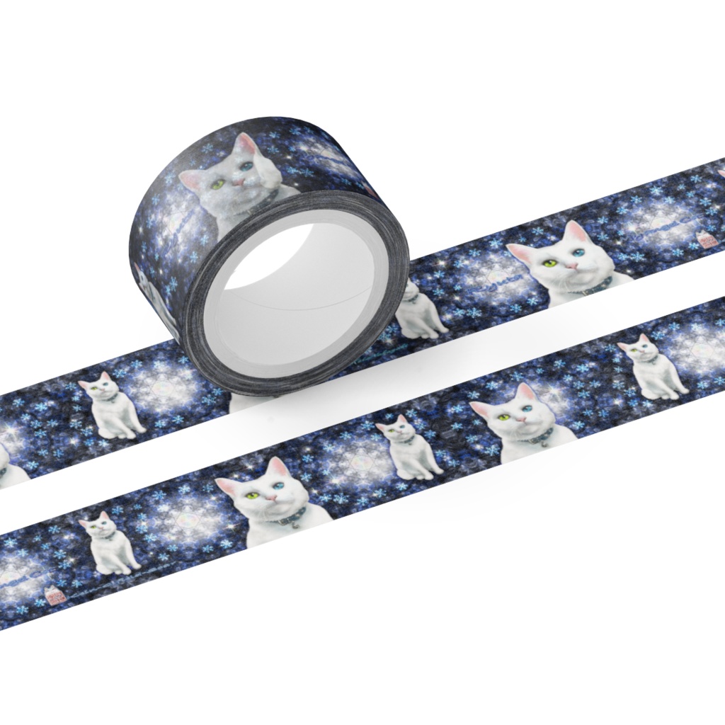 マスキングテープ20mm-暗青ステンドグラスと白猫／藍色蝶と猫たち