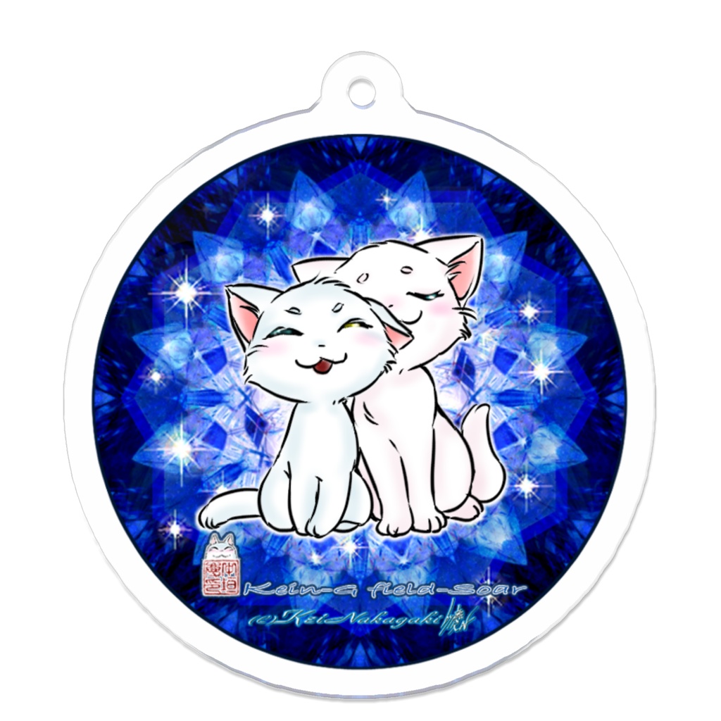 アクリルキーホルダー50mm x 50mm-青いステンドグラスと白猫