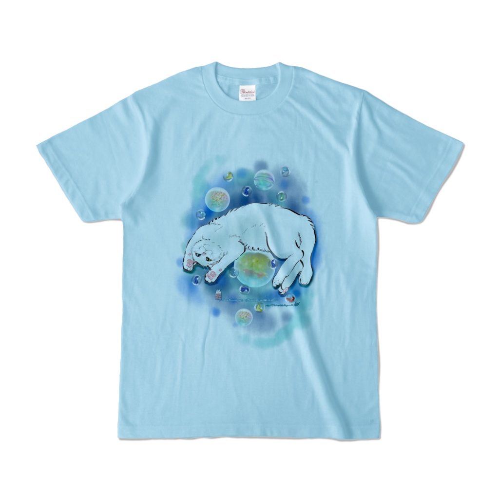 カラーTシャツ-水彩玉と白猫
