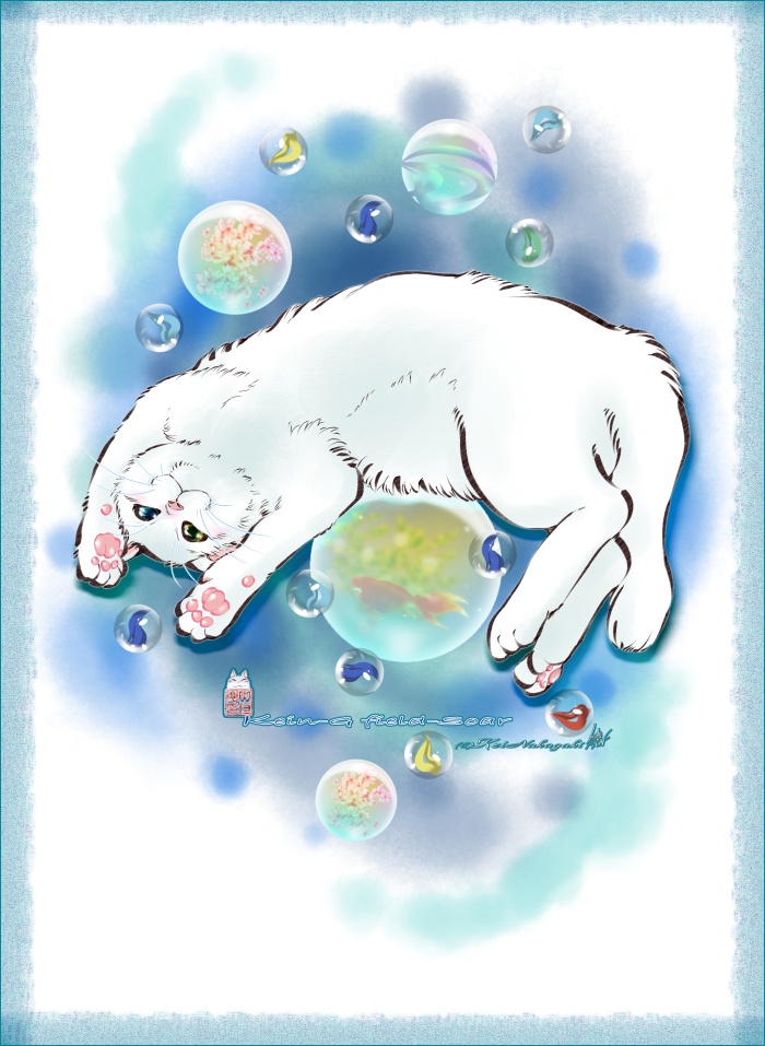 カラーTシャツ-水彩玉と白猫