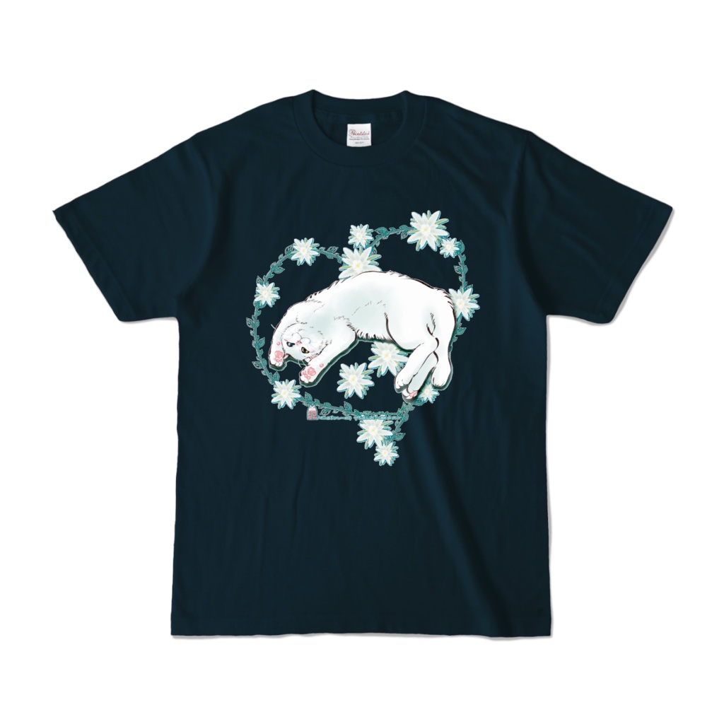 カラーTシャツ-花と蔓とゴロン白猫