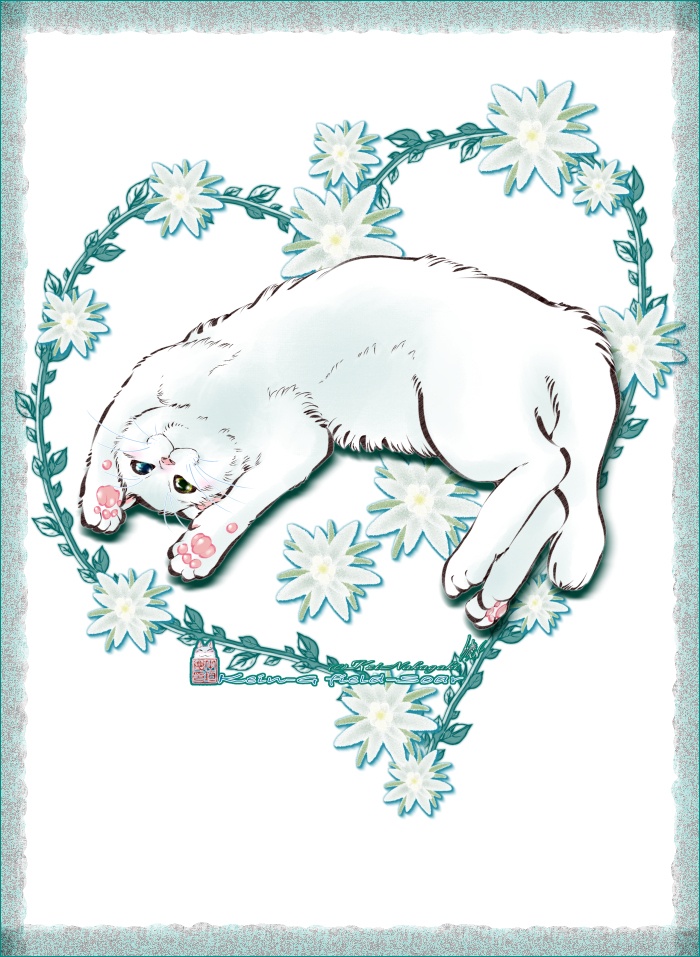 カラーTシャツ-花と蔓とゴロン白猫