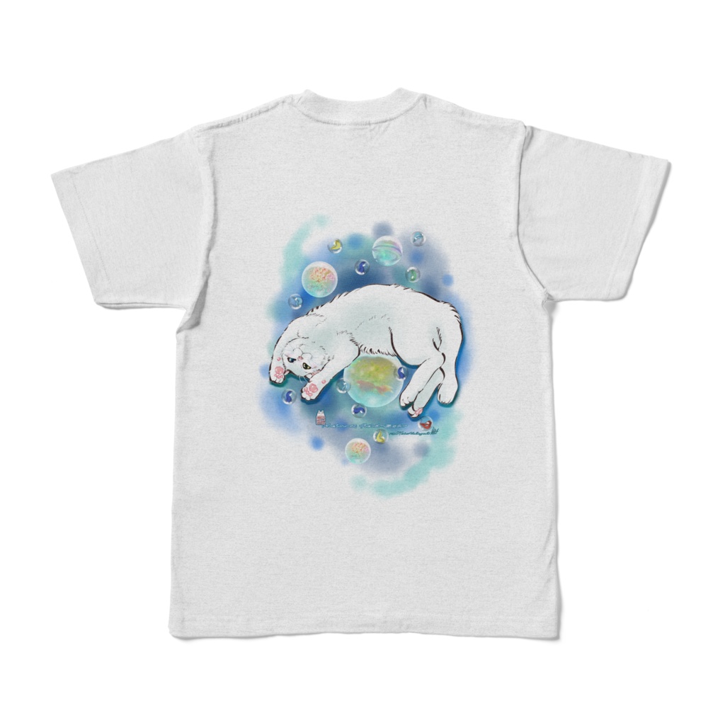 カラーTシャツ-花と水彩玉とゴロン白猫