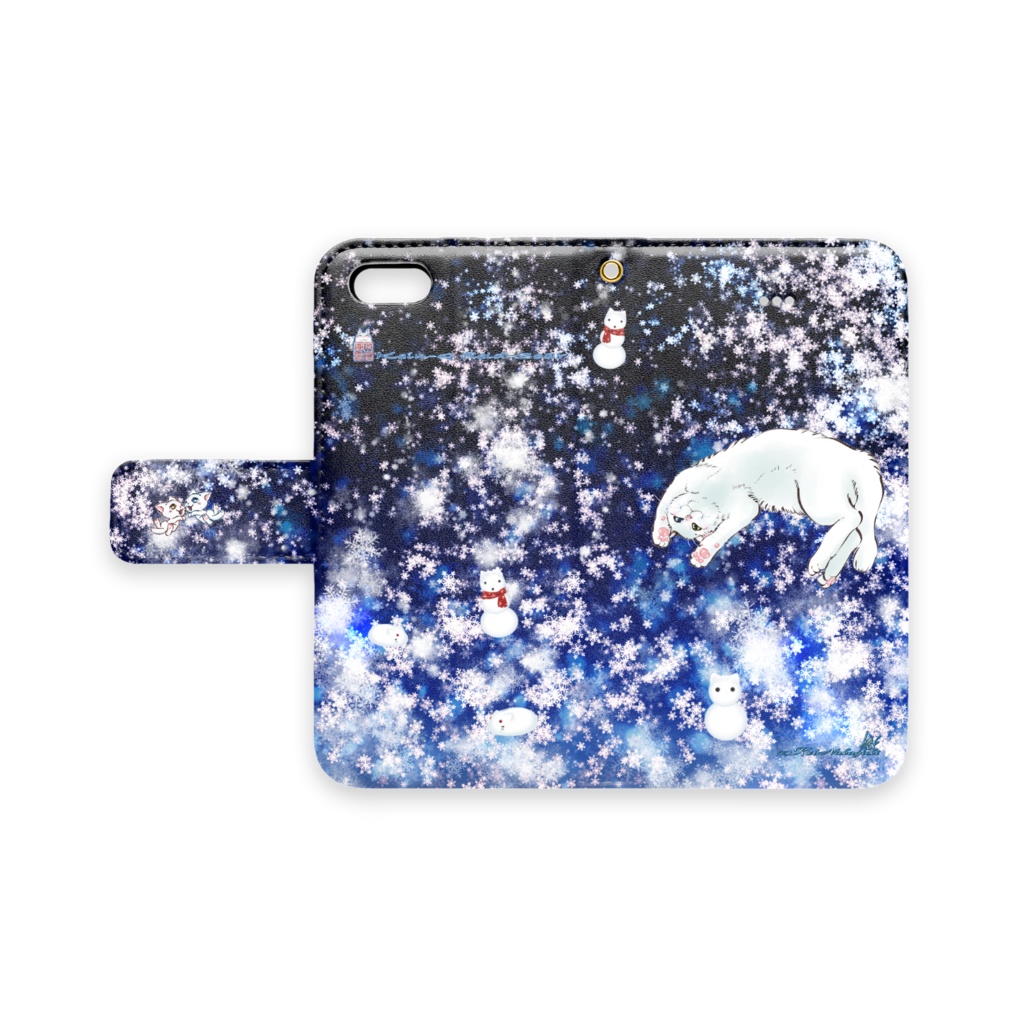 手帳iPhoneケース-seベルト-雪結晶と白猫