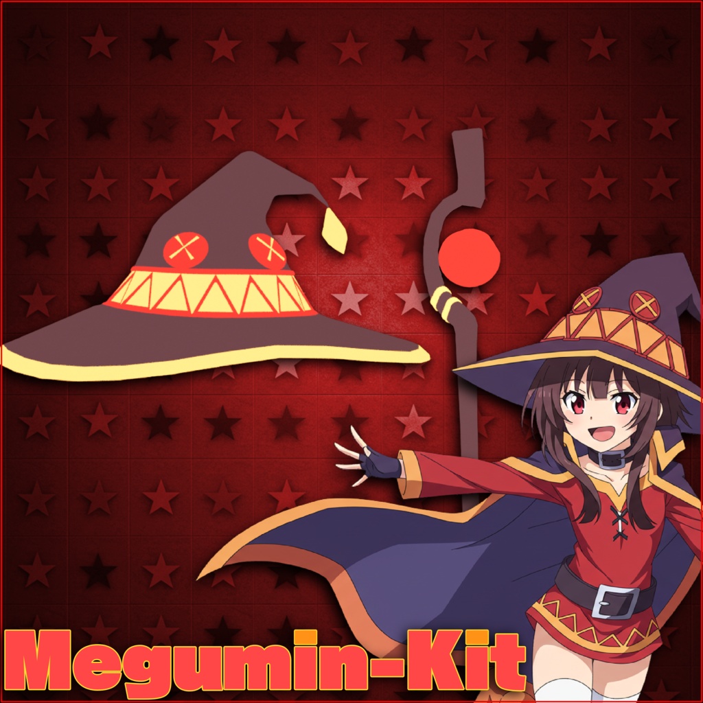 Megumin's hat and staff from Konosuba for any 3D rendering or model このすばのめぐみんの帽子と杖
