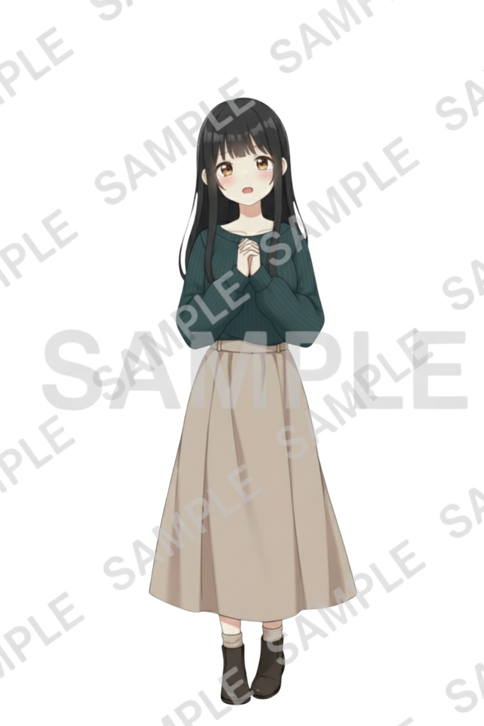 「黒髪ロング少女 透過PNG素材」通常頭身&デフォルメ エモーションパック(通常頭身10種/デフォルメ10種)