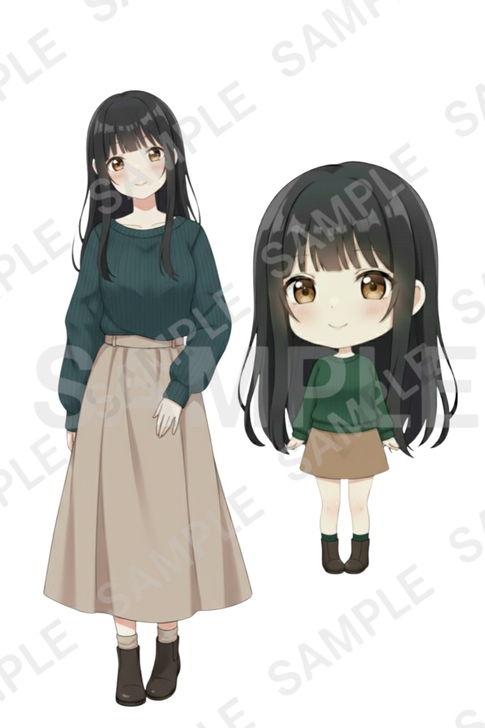 「黒髪ロング少女 透過PNG素材」通常頭身&デフォルメ エモーションパック(通常頭身10種/デフォルメ10種)